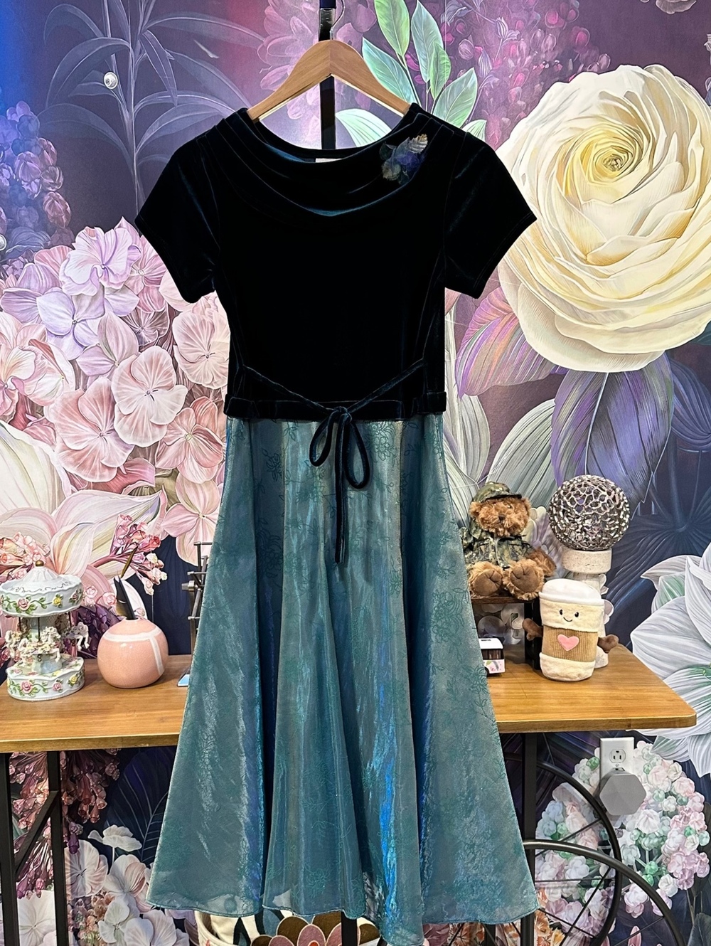 Bonnie Jean Girls 12.5 Velvet Maxi Dress Floral Jacquard Whimsigoth Formal Teal